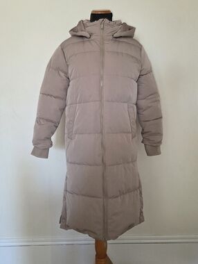 Young Long Hooded Puffer Coat in Light Taupe Size 13-14